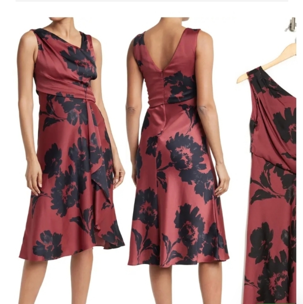 NWT TAYLOR Rose Rust Satin Floral V Neck Midi Dress Sz 10